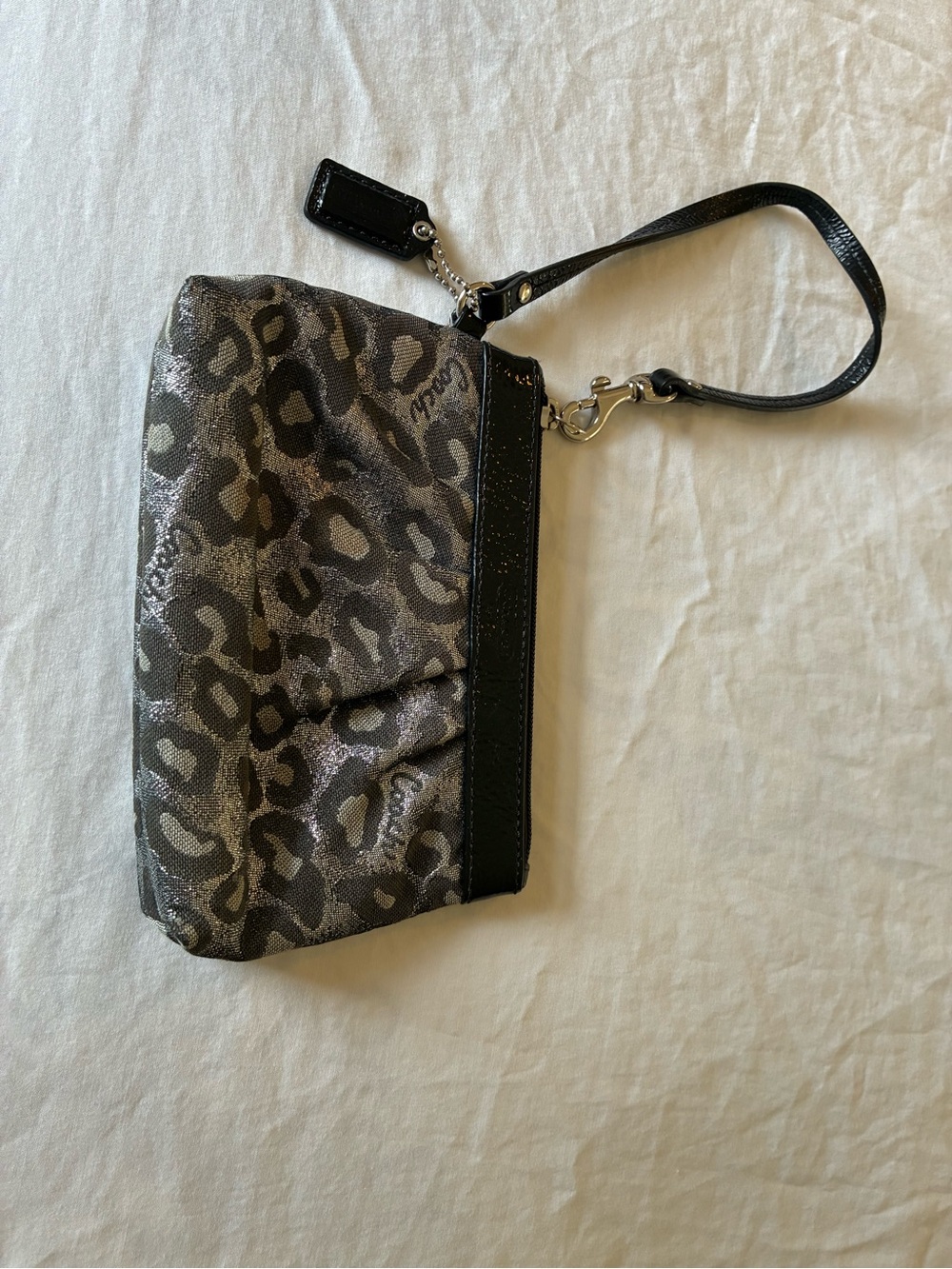 Coach Metallic Leopard Print Wristlet in Gray and Black